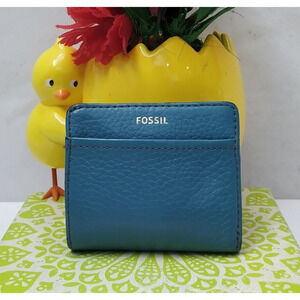 Fossil Blue Leather Credit Card ID Window Bifold Square Wallet